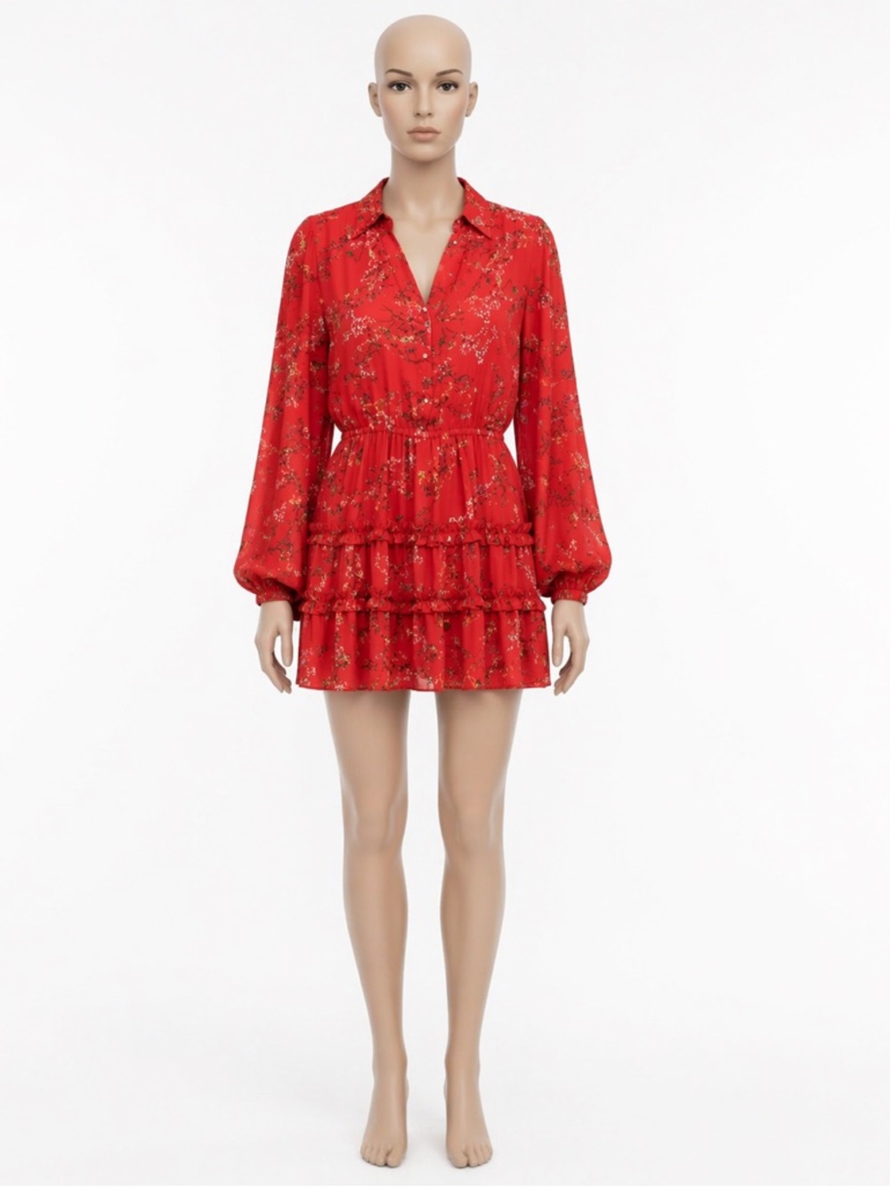 Alexis Loe Floral Ruffle Mini Dress in Botanical Red Size XS Long Puff Sleeve